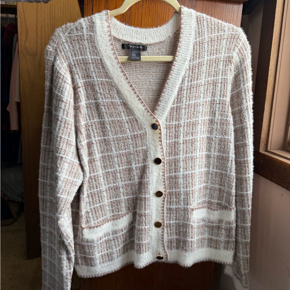 Tahari Beige and White Plaid Cardigan